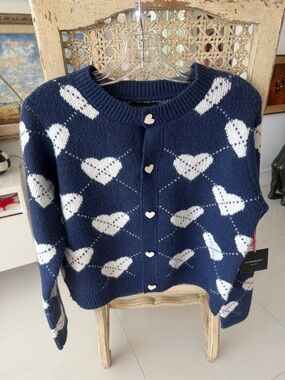 Cynthia Rowley Navy and White Heart-Pattern Cardigan
